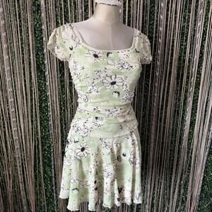 Floral Green and Cream Short Sleeve Fit and Flare Dress Y2K